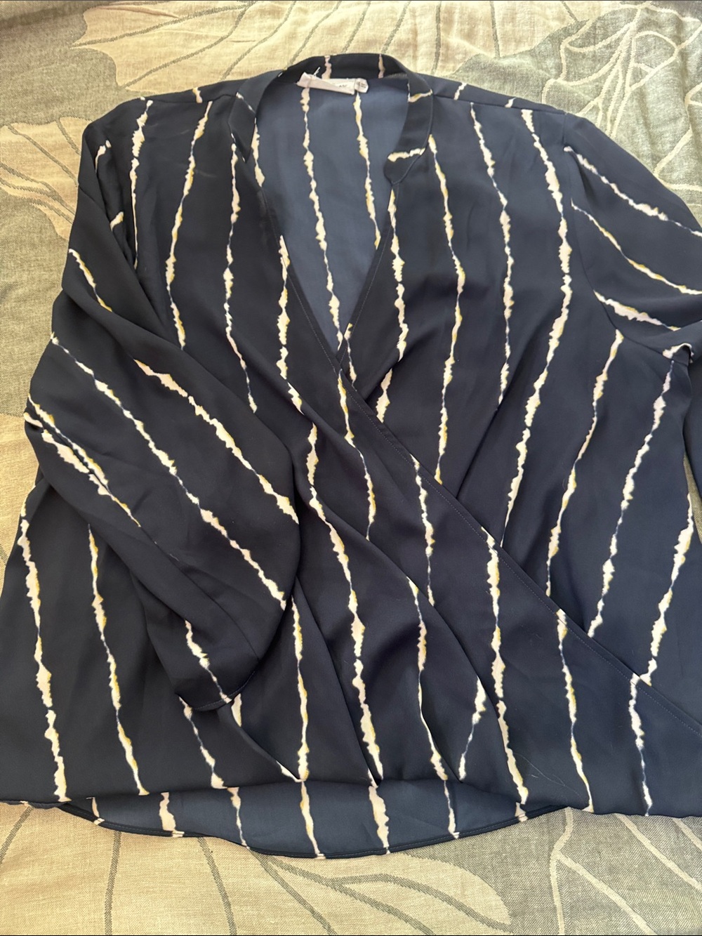 All in Favor Navy Blue and White Blouse with Yellow Accents Faux Wrap